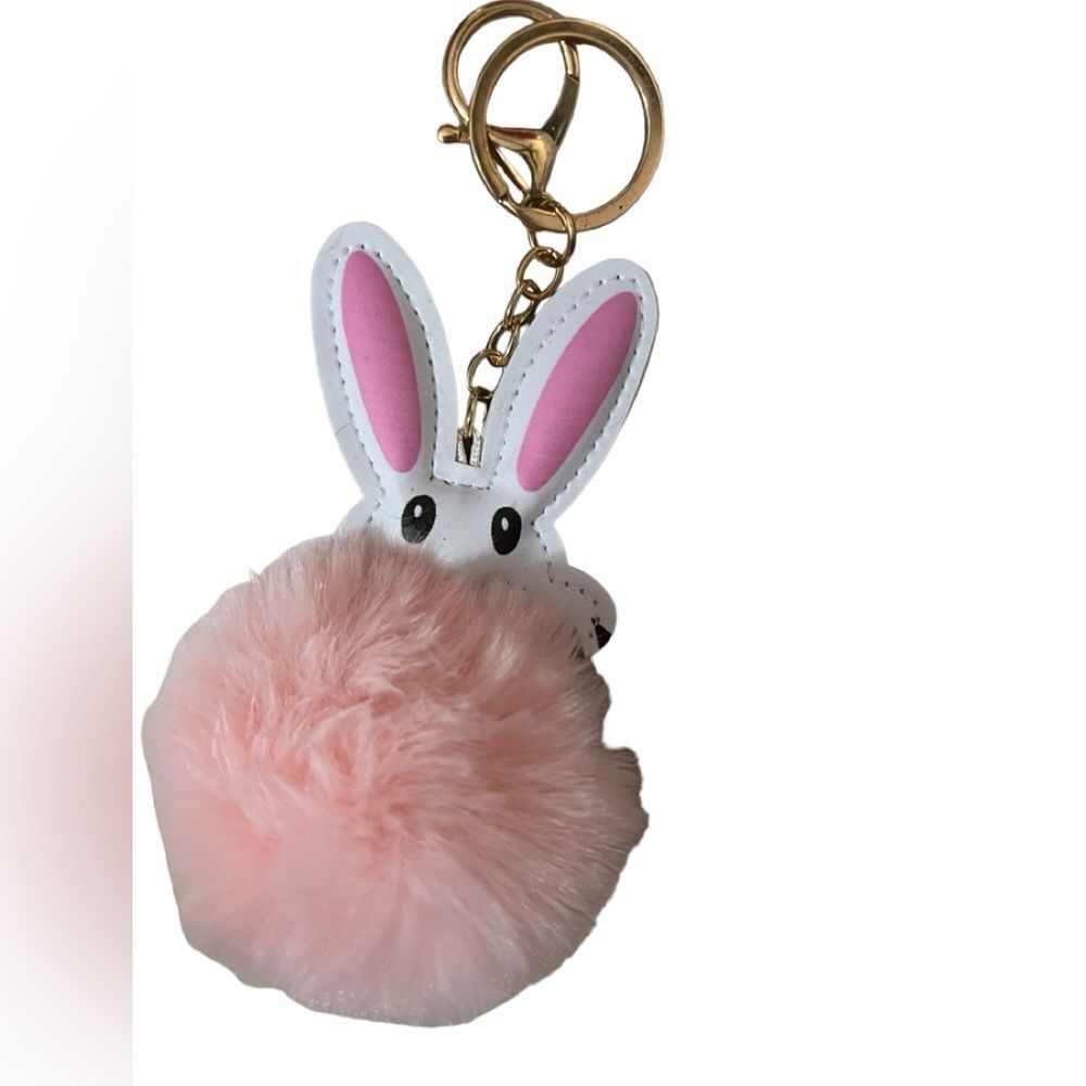 Bunny Rabbit Faux Leather Pompom Key Ring Purse Charm